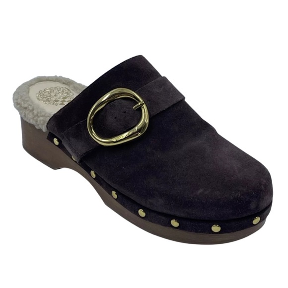Vince Camuto Brown Leather Suede Wooden Clogs 10 Sherpa Lined Cabincore - Picture 1 of 8